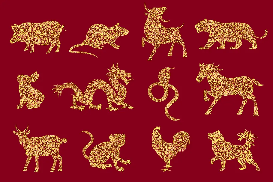 Die 12 chinesischen Tierkreiszeichen als Illustrationen