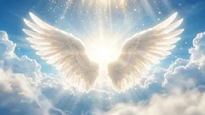 Zwei weiße Flügel vor blauem Himmel und hellen Lichtstrahlen. - Foto: Panpatsa/Adobe Stock, KI generiert Zwei weiße Flügel vor blauem Himmel und hellen Lichtstrahlen. - Foto: Panpatsa/Adobe Stock, KI generiert