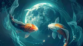 Zwei Koi-Karpfen schwimmen in einem See in dem sich der Vollmond spiegelt - Foto: AdobeFirefly (generiert mit KI) Zwei Koi-Karpfen schwimmen in einem See in dem sich der Vollmond spiegelt - Foto: AdobeFirefly (generiert mit KI)