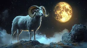 Ein Widder steht auf einem Felsvorsprung im Hintergrund ist ein leuchtender Vollmond zu sehen - Foto: app / AdobeStock Ein Widder steht auf einem Felsvorsprung im Hintergrund ist ein leuchtender Vollmond zu sehen - Foto: app / AdobeStock