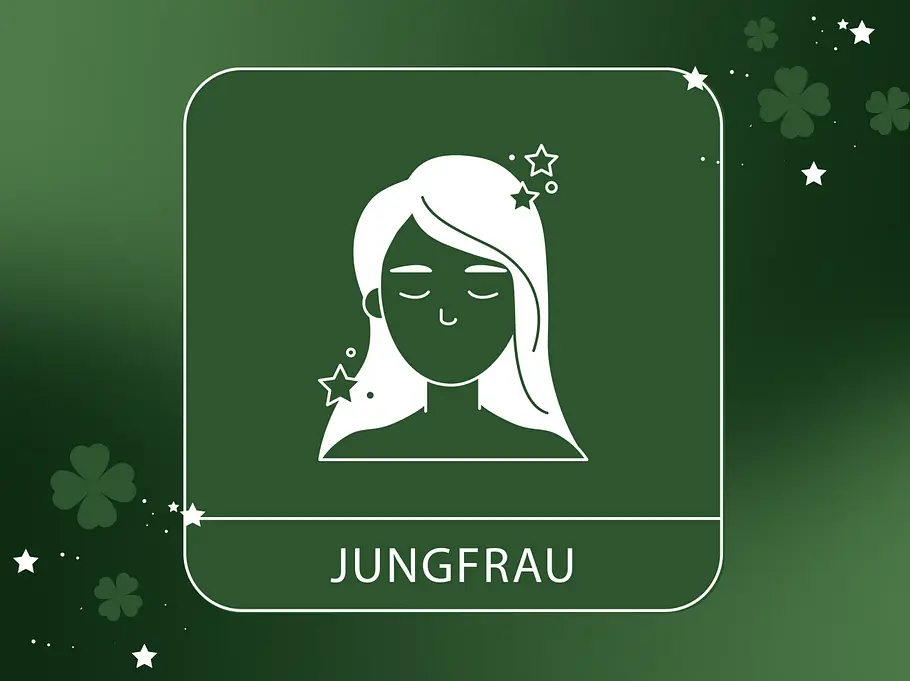 astro-gluecksbringer-horoskop-jungfrau Abbildung vom Sternzeichen Jungfrau vor einem grünen Hintergrund mit vierblättrigem Klee