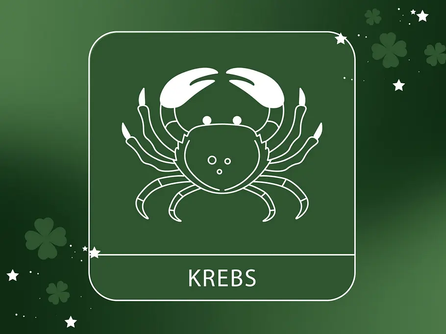 astro-gluecksbringer-horoskop-krebs Abbildung vom Sternzeichen Krebs vor einem grünen Hintergrund mit vierblättrigem Klee