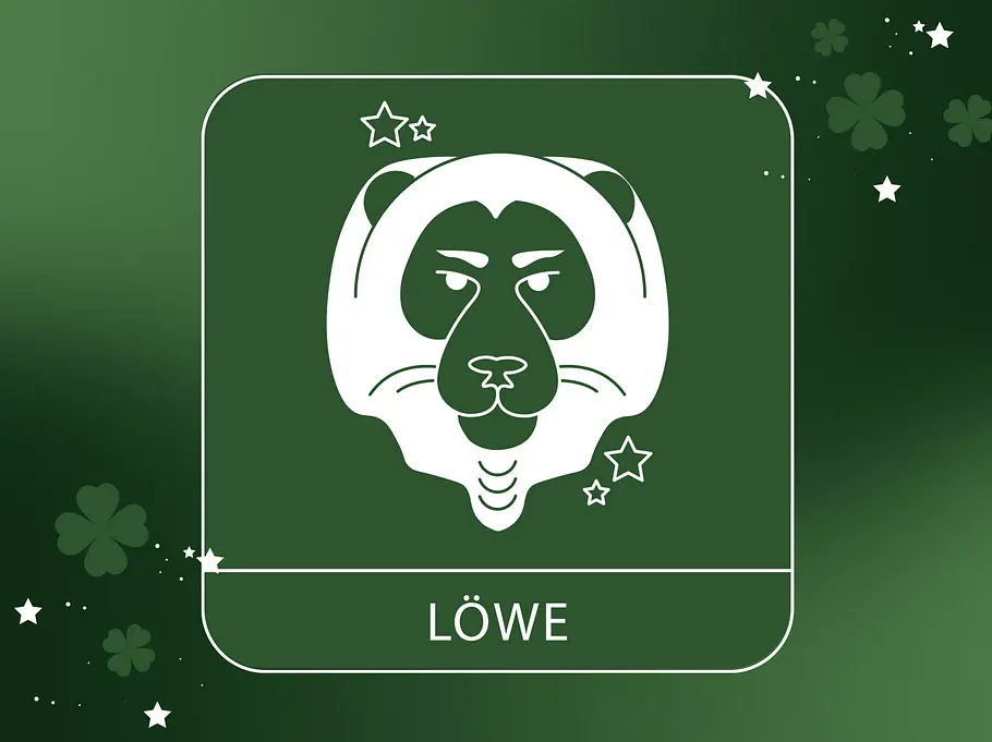 astro-gluecksbringer-horoskop-loewe Abbildung vom Sternzeichen Löwe vor einem grünen Hintergrund mit vierblättrigem Klee