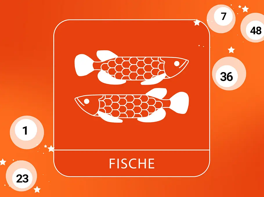 Abbildung Sternzeichen Fisch vor orangefarbenen Hintergrund mit Lotteriekugeln