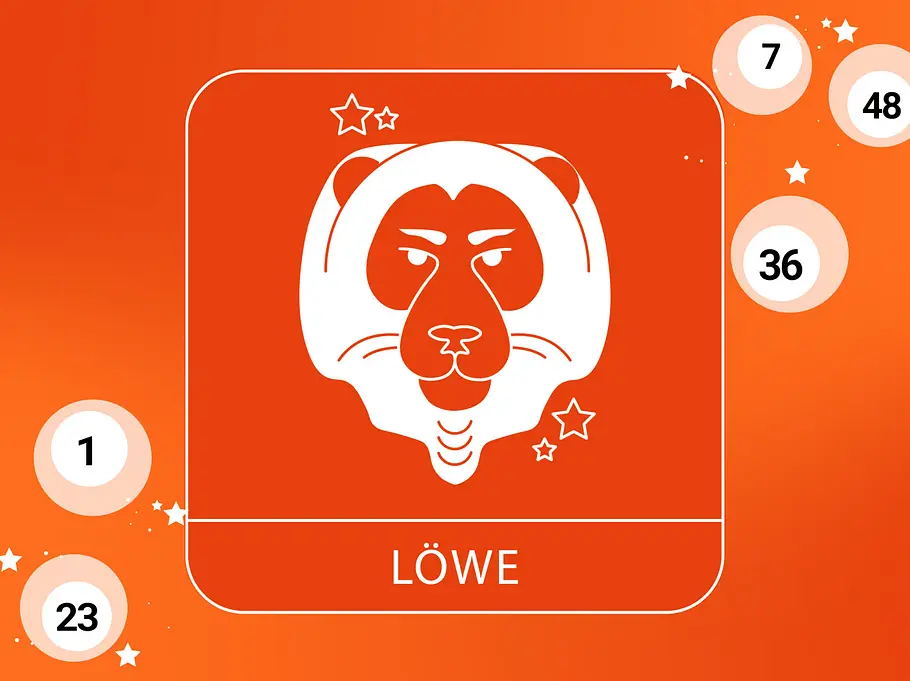 Abbildung Sternzeichen Löwe vor orangefarbenen Hintergrund mit Lotteriekugeln