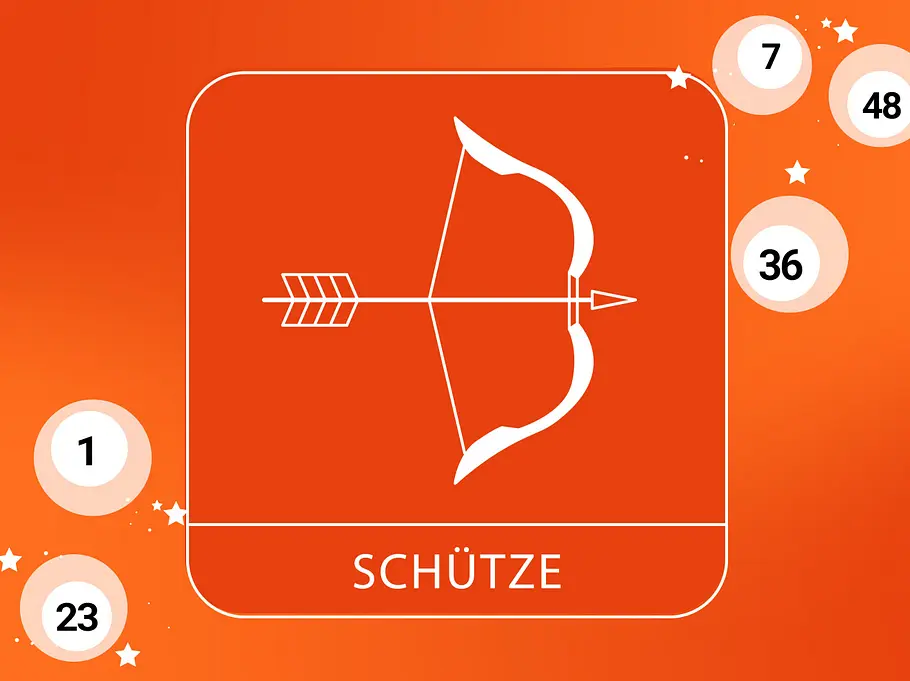 Abbildung Sternzeichen Schütze vor orangefarbenen Hintergrund mit Lotteriekugeln