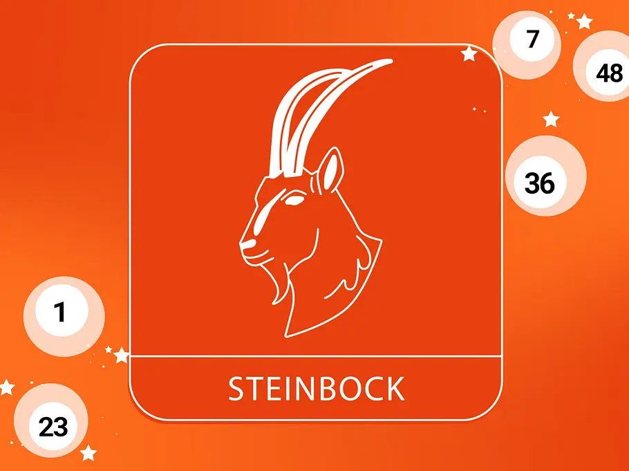 Abbildung Sternzeichen Steinbock vor orangefarbenen Hintergrund mit Lotteriekugeln