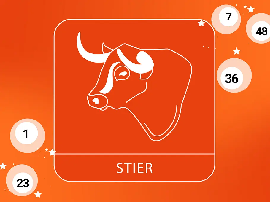 Abbildung Sternzeichen Stier vor orangefarbenen Hintergrund mit Lotteriekugeln