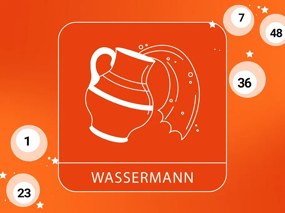 Abbildung Sternzeichen Wassermann vor orangefarbenen Hintergrund mit Lotteriekugeln