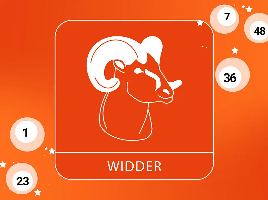 Abbildung Sternzeichen Widder vor orangefarbenen Hintergrund mit Lotteriekugeln