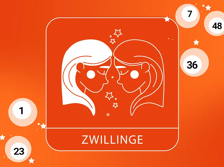 Abbildung Sternzeichen Zwillinge vor orangefarbenen Hintergrund mit Lotteriekugeln