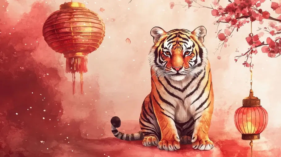 Zeichnung eines Tigers umgeben von zwei Lampions und Kirschblütenzweigen