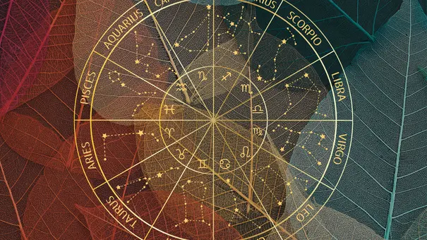 Sternzeichenkreis vor einem Hintergrund mit bunten Herbstblättern - Foto: Collage mit iStock (tomertu) und Astrowoche.de Sternzeichenkreis vor einem Hintergrund mit bunten Herbstblättern - Foto: Collage mit iStock (tomertu) und Astrowoche.de