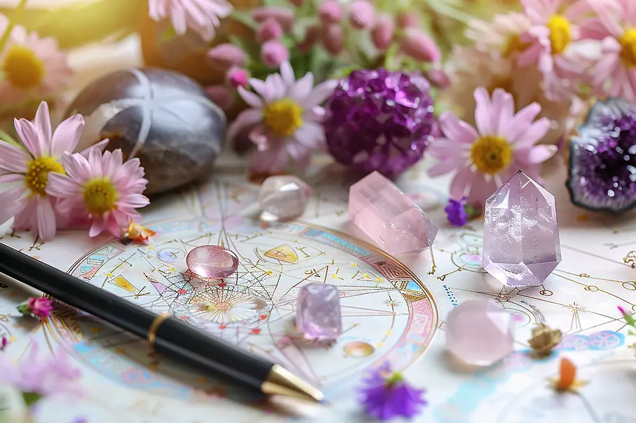 Astrologische Zeichnungen mit Kristallen und Blumen verziert!