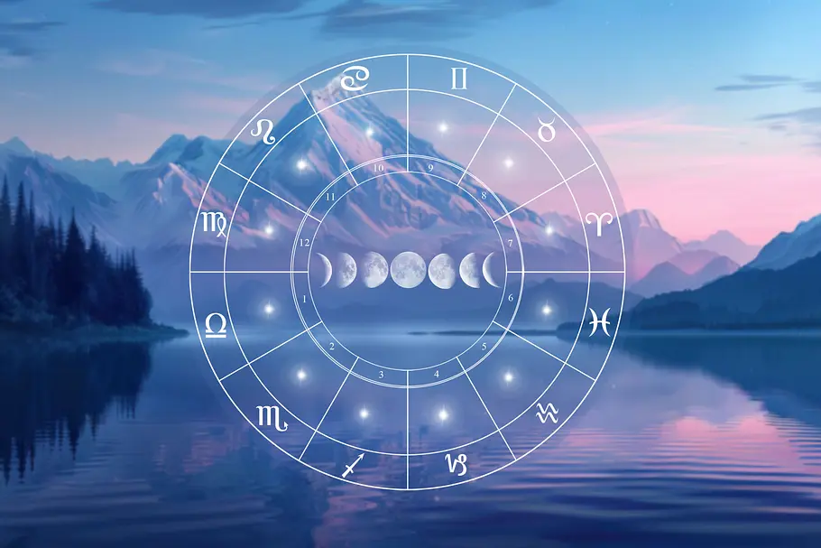 Astrologie-Kreis vor einem See umringt von schneebedeckten Bergen im Abendrot