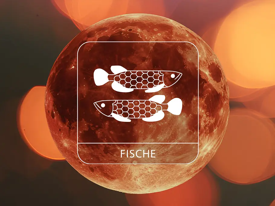 Sternzeichen Fische vor einem Blutmond umgeben von leuchtenden Kreisen