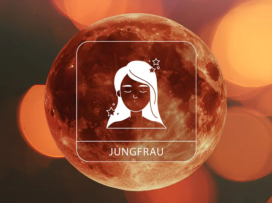 Sternzeichen Jungfrau vor einem Blutmond umgeben von leuchtenden Kreisen