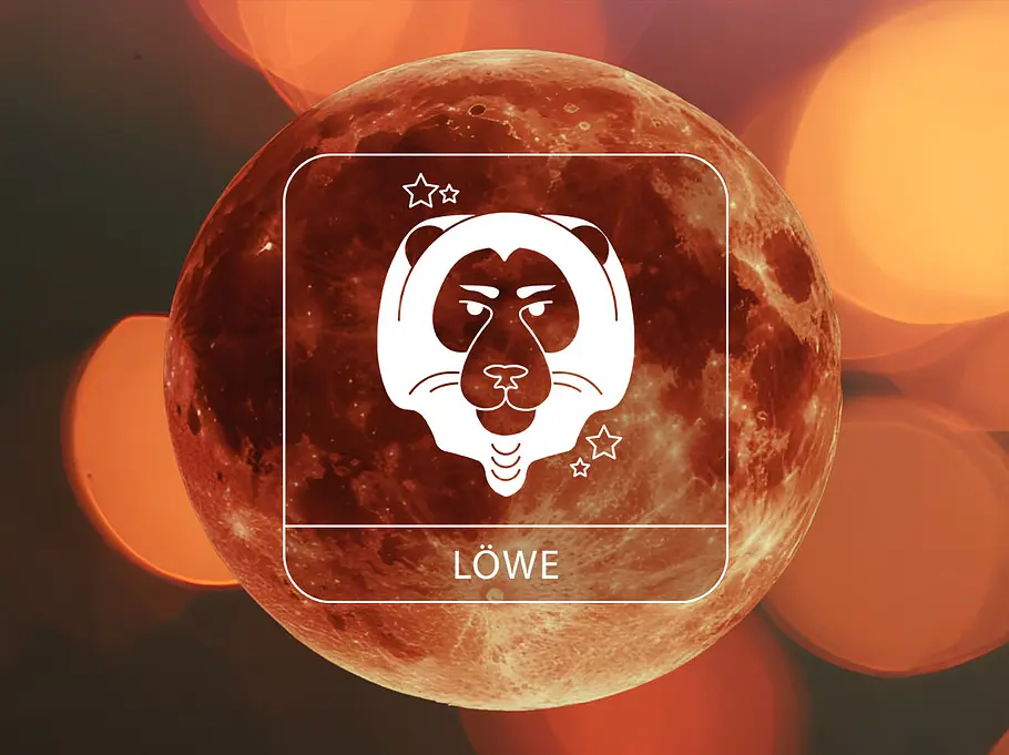 Sternzeichen Löwe vor einem Blutmond umgeben von leuchtenden Kreisen