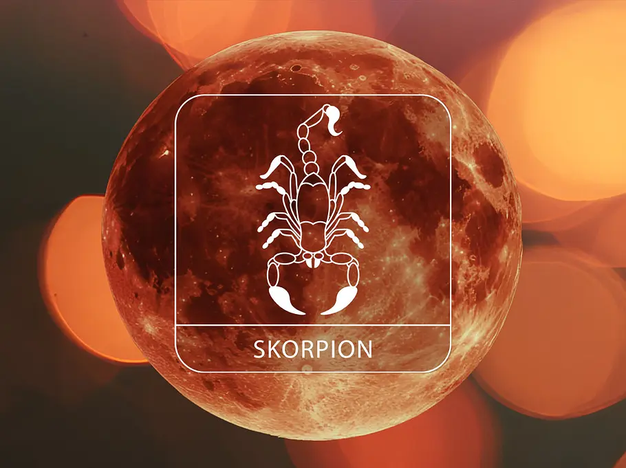 Sternzeichen Skorpion vor einem Blutmond umgeben von leuchtenden Kreisen