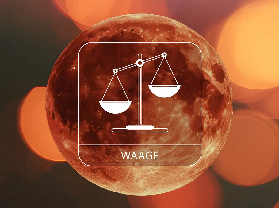 Sternzeichen Waage vor einem Blutmond umgeben von leuchtenden Kreisen