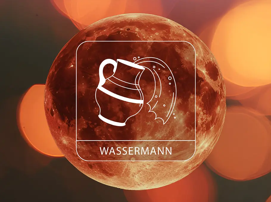 Sternzeichen Wassermann vor einem Blutmond umgeben von leuchtenden Kreisen