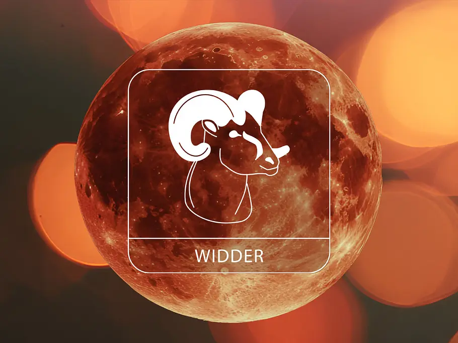 Sternzeichen Widder vor einem Blutmond umgeben von leuchtenden Kreisen