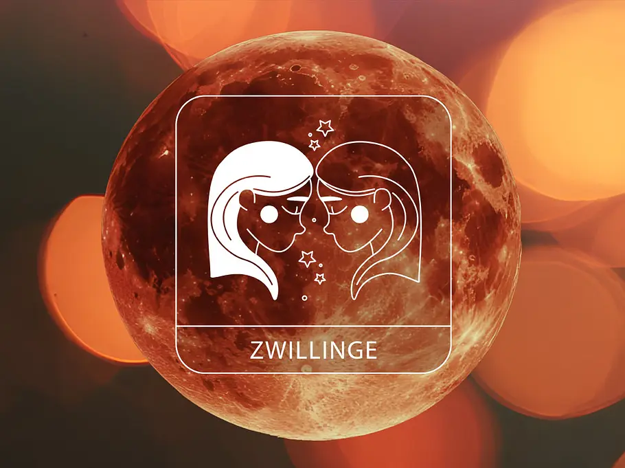 Sternzeichen Zwillinge vor einem Blutmond umgeben von leuchtenden Kreisen