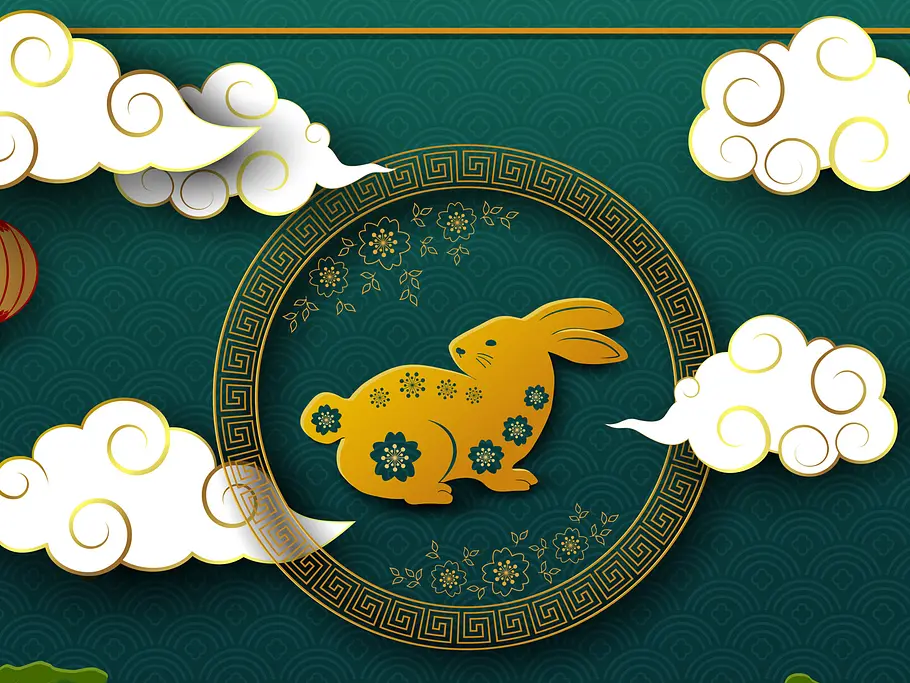 Horoskop für den besten September: Chinesische Sternzeichen Grafik eines goldenen Hasen umgeben von Wolken und Lampions