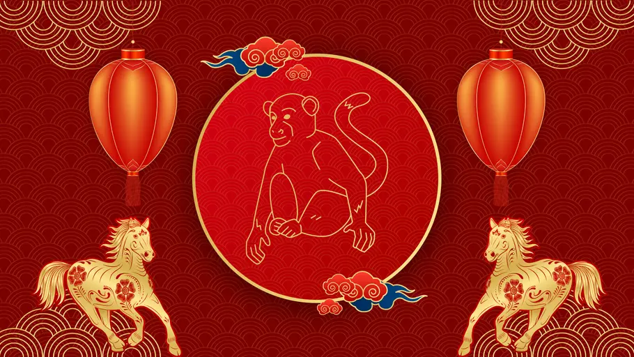 Chinesisches Sternzeichen Affe vor einem roten Hintergrund mit chinesischer Dekoration und goldenen Pferden