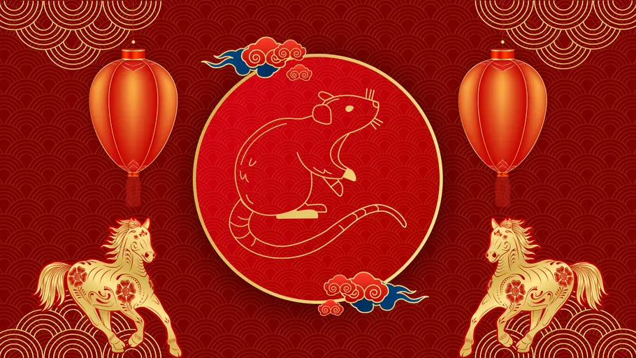 Chinesisches Sternzeichen Ratte vor einem roten Hintergrund mit chinesischer Dekoration und goldenen Pferden