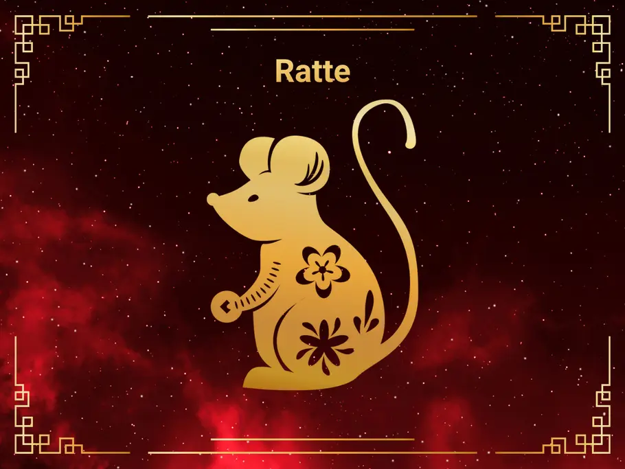 Chinesisches Horoskop 2027: Sternzeichen Ratte Chinesisches Sternzeichen Ratte vor schwarz-rotem Hintergrund