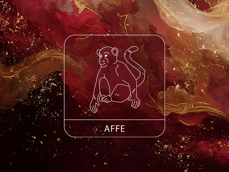 Chinesisches Sternzeichen Affe vor einer Wolke aus goldenen und roten Nebelschwaden
