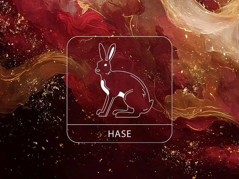 Sternzeichen Hase vor einer Wolke aus goldenen und roten Nebelschwaden