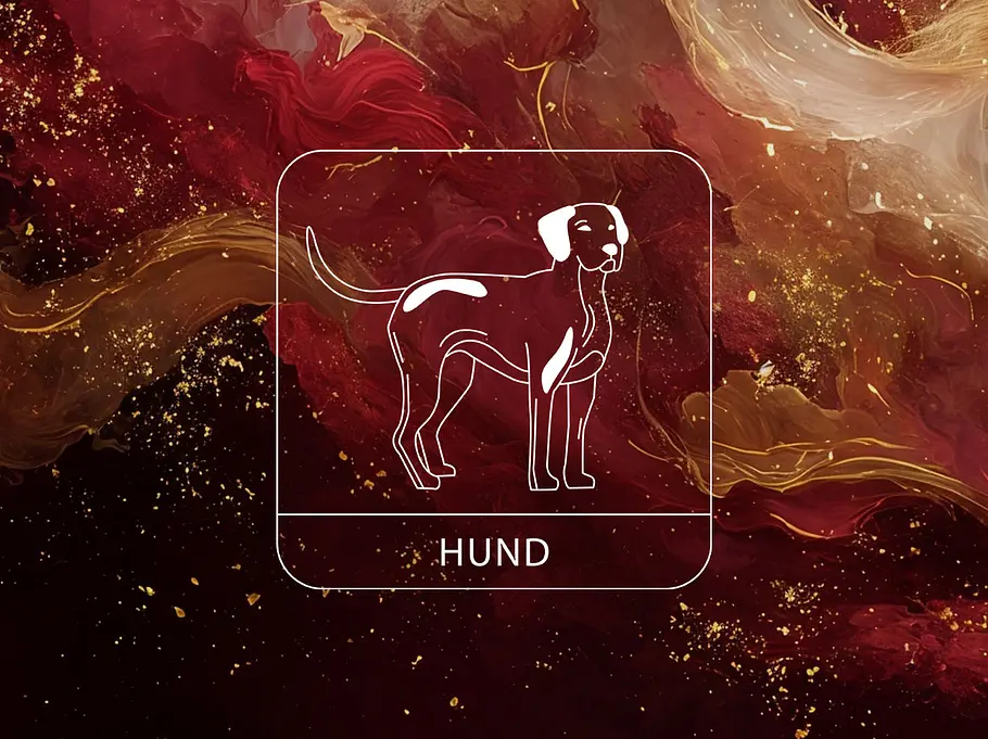 Sternzeichen Hund vor einer Wolke aus goldenen und roten Nebelschwaden