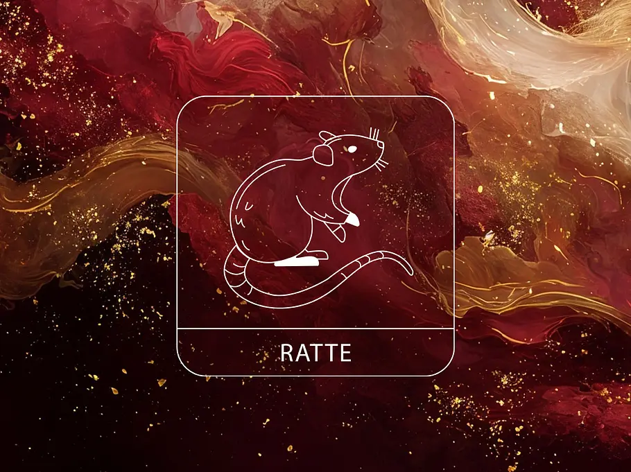 Sternzeichen Ratte vor einer Wolke aus goldenen und roten Nebelschwaden