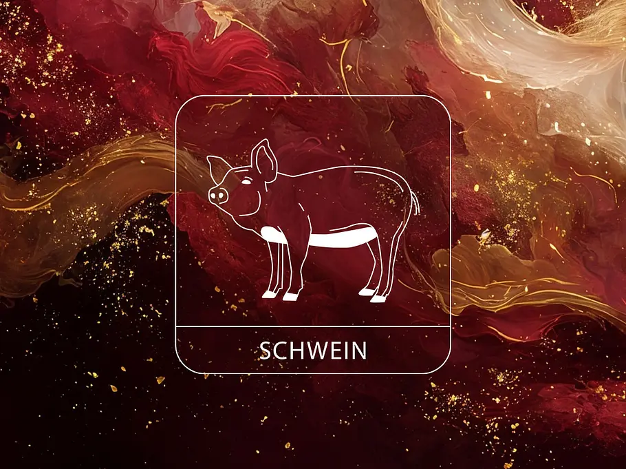 Sternzeichen Schwein vor einer Wolke aus goldenen und roten Nebelschwaden