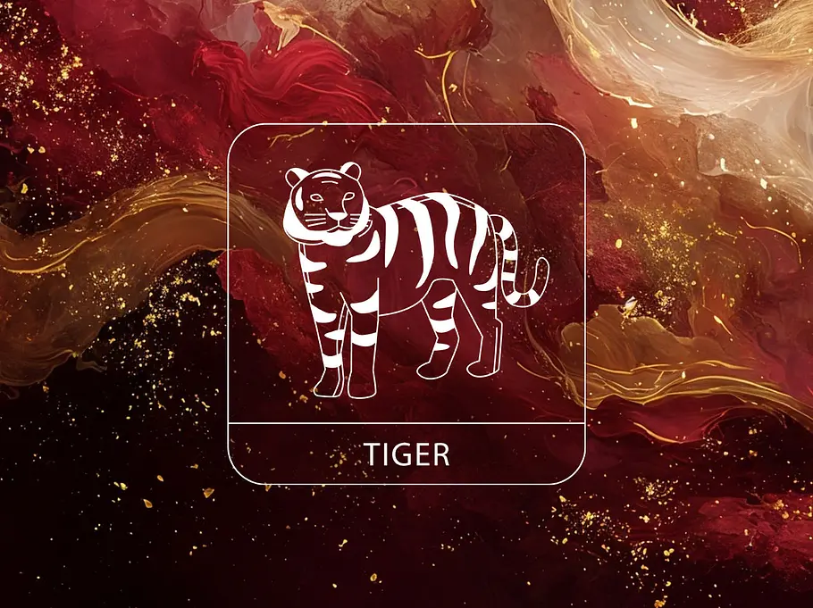 Sternzeichen Tiger vor einer Wolke aus goldenen und roten Nebelschwaden