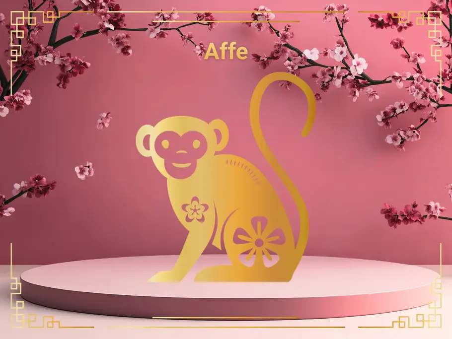 Sternzeichen Affe vor einem rosafarbenen Hintergrund mit Kirschblüten