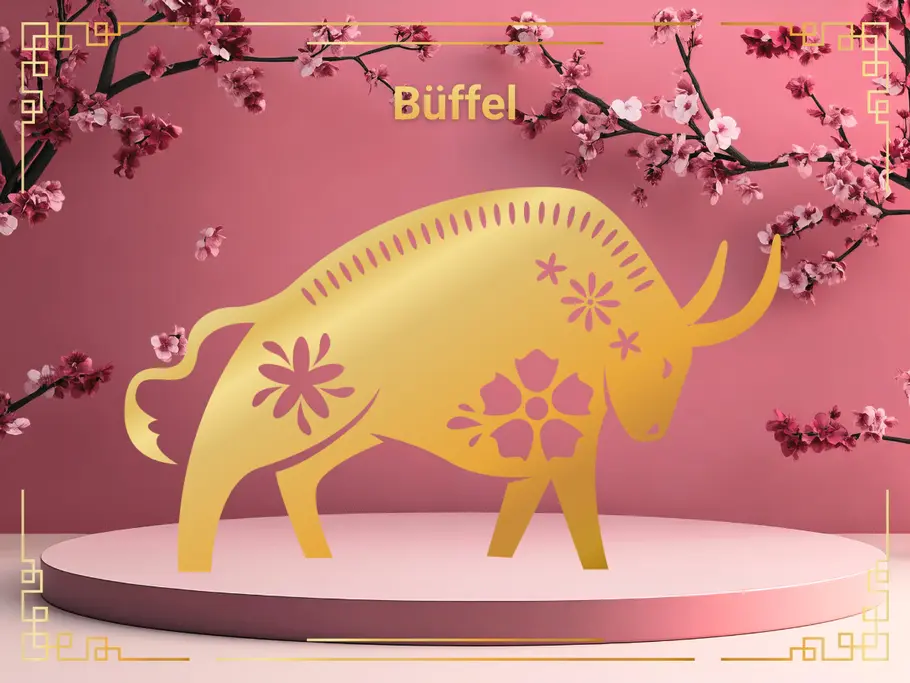 Sternzeichen Büffel vor einem rosafarbenen Hintergrund mit Kirschblüten