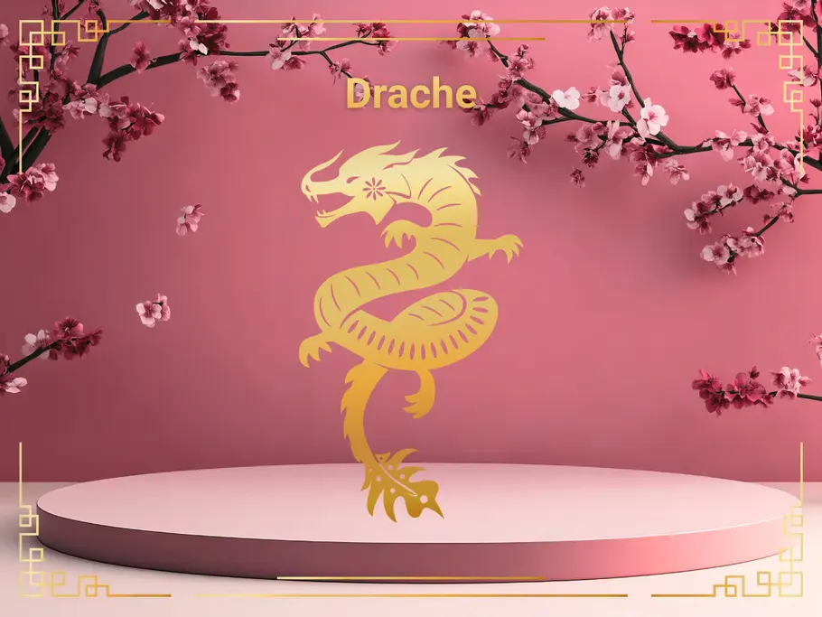 Sternzeichen Drache vor einem rosafarbenen Hintergrund mit Kirschblüten