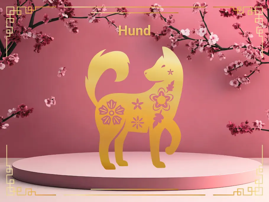 Sternzeichen Hund vor einem rosafarbenen Hintergrund mit Kirschblüten