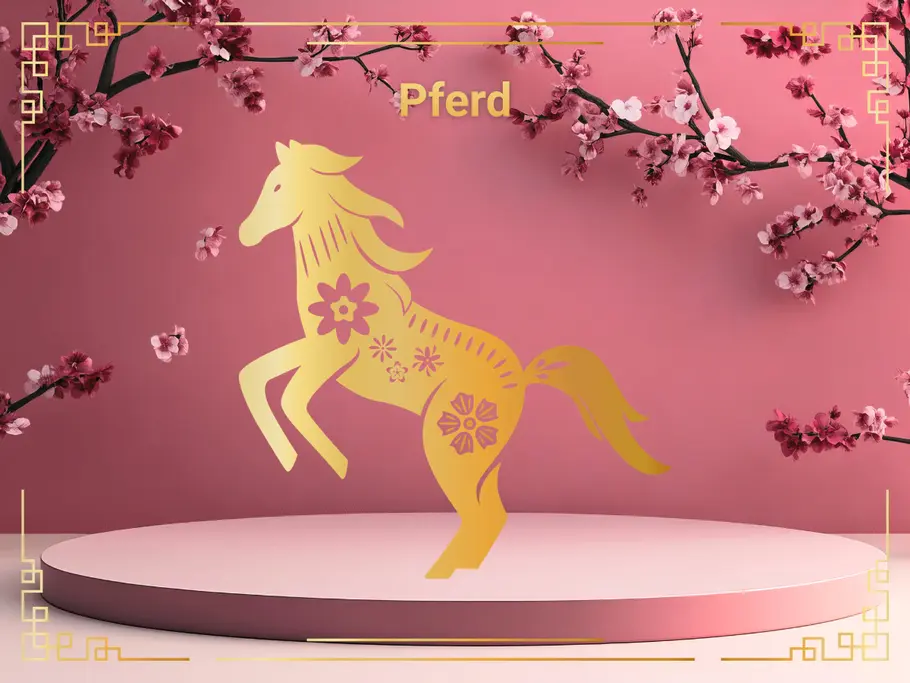 Sternzeichen Pferd vor einem rosafarbenen Hintergrund mit Kirschblüten