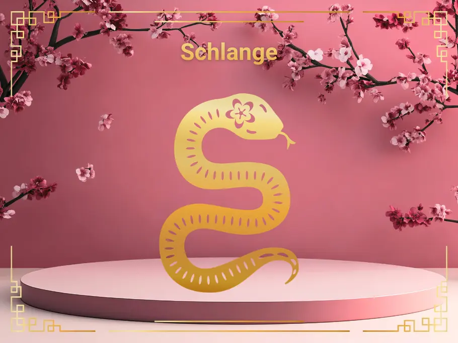 Sternzeichen Schlange vor einem rosafarbenen Hintergrund mit Kirschblüten