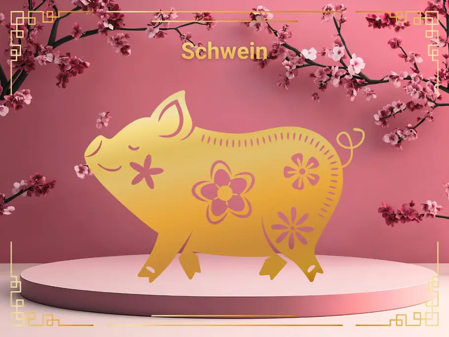 Sternzeichen Schwein vor einem rosafarbenen Hintergrund mit Kirschblüten
