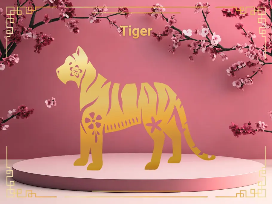 Sternzeichen Tiger vor einem rosafarbenen Hintergrund mit Kirschblüten