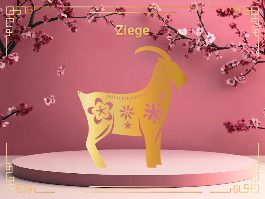 Sternzeichen Ziege vor einem rosafarbenen Hintergrund mit Kirschblüten