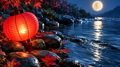 Eine rote Laterne leuchtet zwischen Steinen und roten Ahornblättern am Wasser. Der Vollmond spiegelt sich auf der Oberfläche. - Foto: xuxu/Adobe Stock, KI generiert Eine rote Laterne leuchtet zwischen Steinen und roten Ahornblättern am Wasser. Der Vollmond spiegelt sich auf der Oberfläche. - Foto: xuxu/Adobe Stock, KI generiert