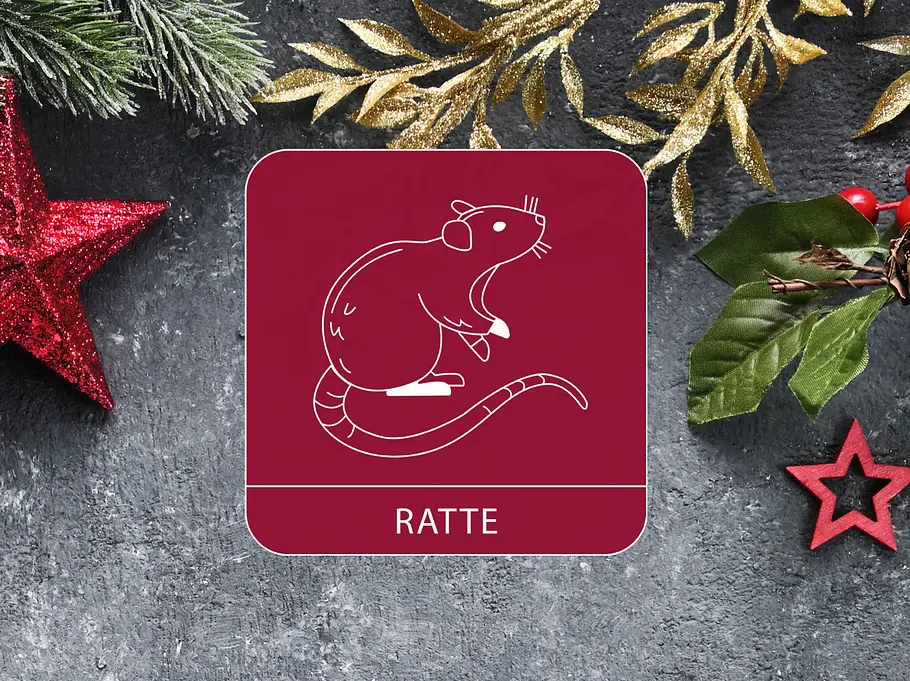 Das Sternzeichen Ratte umgeben von weihnachtlicher Dekoration