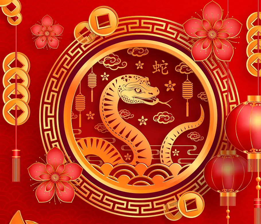 Das chinesische Tierkreiszeichen Schlange vor einem traditionellen Hintergrund aus Lampen und Blumen