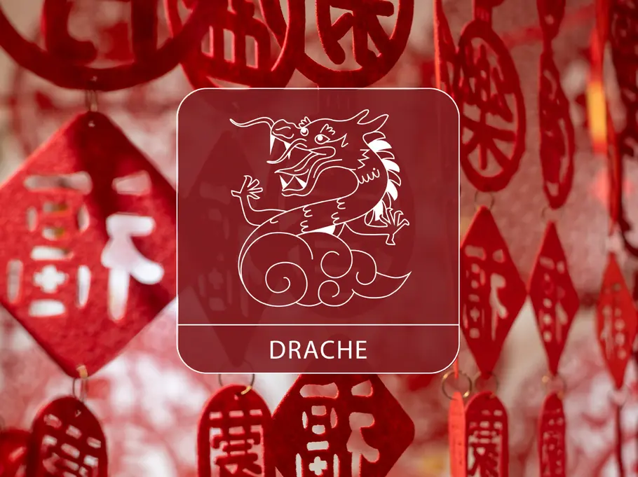Das Sternzeichen Drache vor einem roten, dekorativen Vorhang aus chinesischen Symbolen